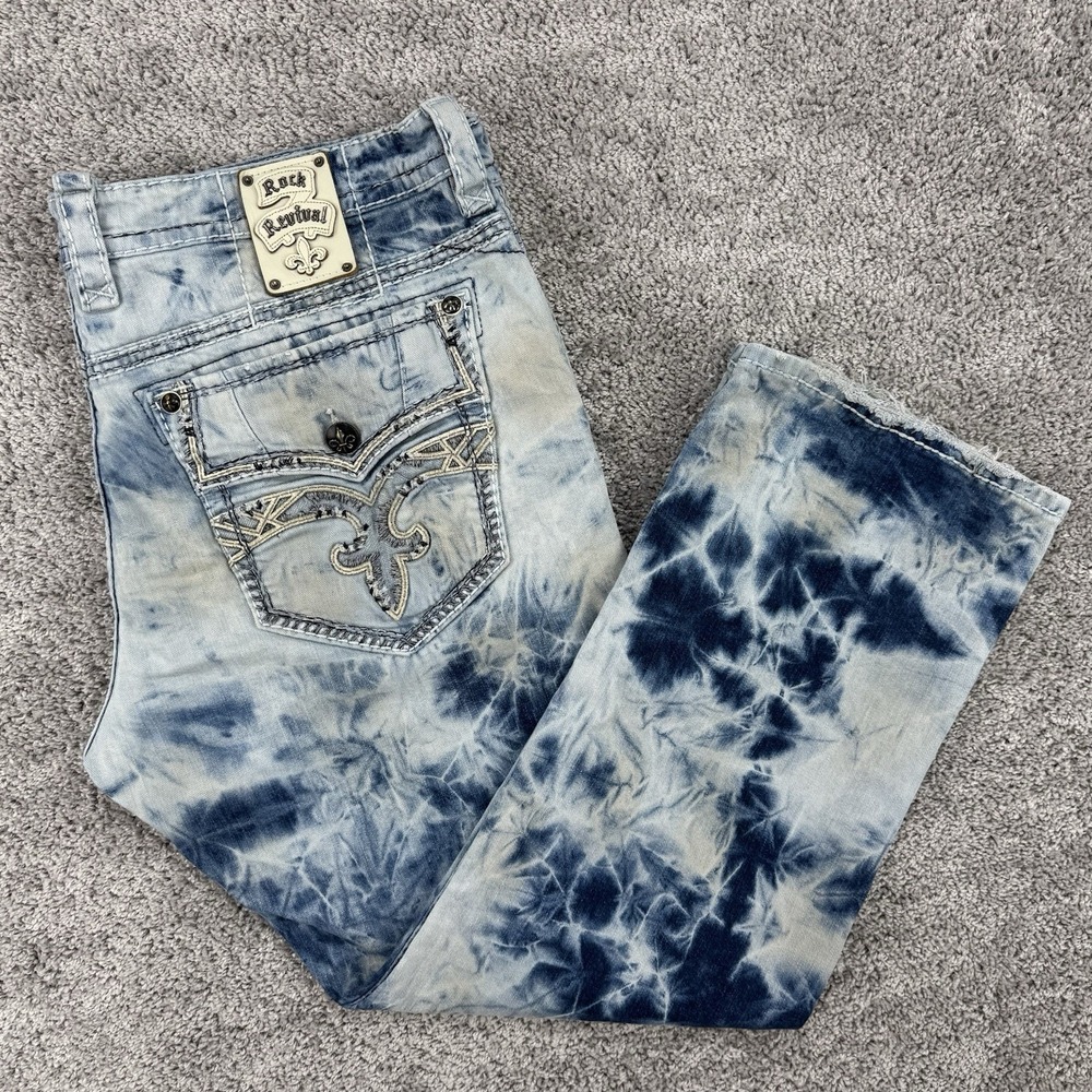 Rock Revival Jeans Men 44 Corwin Straight Acid Wash Distressed Embroidery Grunge